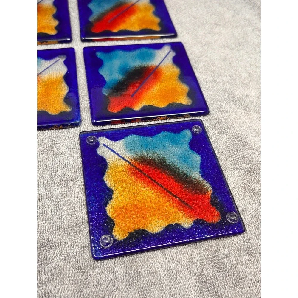 Vintage‎ Studio Art Glass Coasters Set of 5 Blue Abstract Handmade Fused Glass